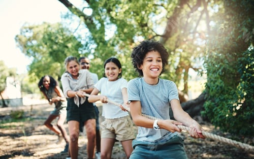 Preview: Pull harder team. Shot of a group of teenagers playing a game of tug of war at summer camp.