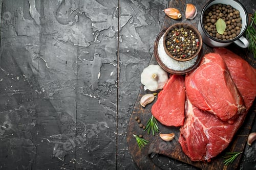 Preview: Raw meat. Pieces of beef with spices and herbs on a wooden Board.