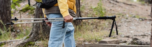 Preview: cropped view of hiker holding trekking poles while walking in forest, banner