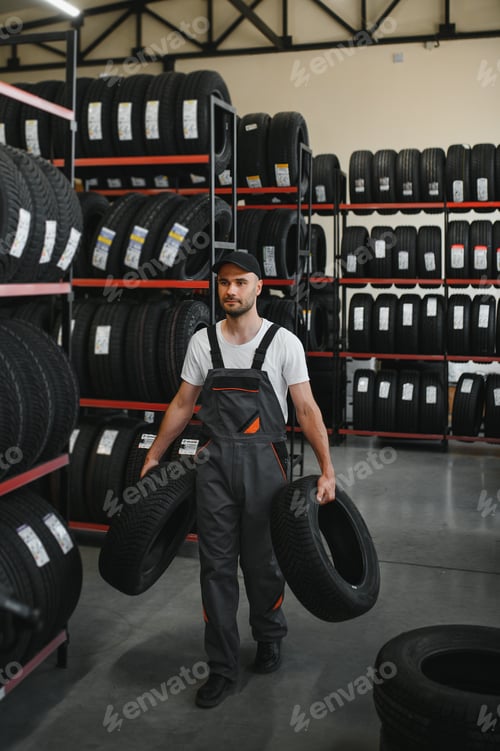 Preview: confident mechanic man checking characteristics of tyre in auto service shop