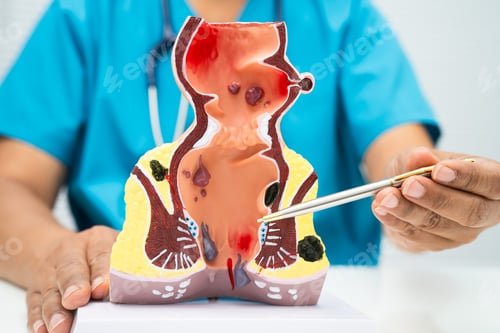 Preview: Asian doctor with rectum and hemorrhoid human anatomy model