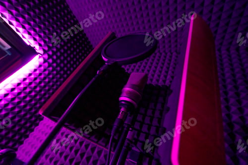 Preview: professional recording studio equipment for recording song microphone on stand close-up purple neo
