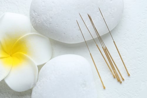 Preview: Acupuncture needles, spa stones and flower on white background, flat lay