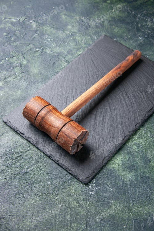 Preview: front view wooden hammer on black board on dark gray background kitchen color wood photo butcher