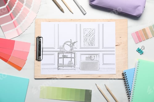 Preview: Sketch of room interior and stationery on white table, flat lay