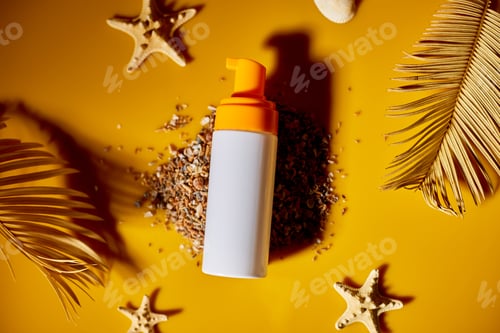 Preview: Top view, flat lay Sunscreen tube mockup with shells, sand yellow