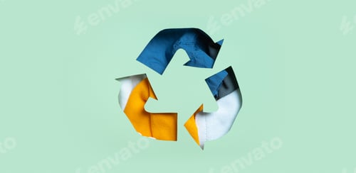 Preview: Clothing donation and recycling concept. Colourful clothes under paper cut recycling symbol