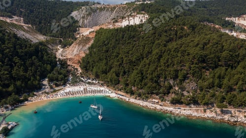 Preview: Top aerial view of famous Marble beach ai Thassos island, Greece