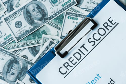 Preview: top view of clipboard with credit score lettering on dollar banknotes