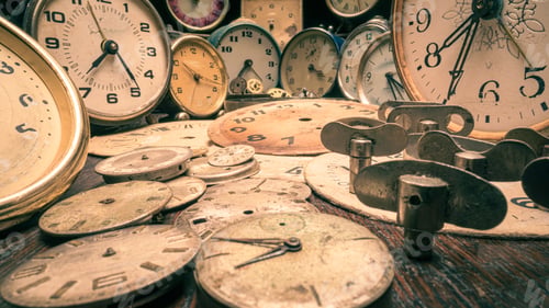 Preview: Vintage watchmakers workshop with spare parts and broken clocks