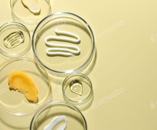 Preview: Different cosmetic products in Petri dishes on pale yellow background, flat lay. Space for text
