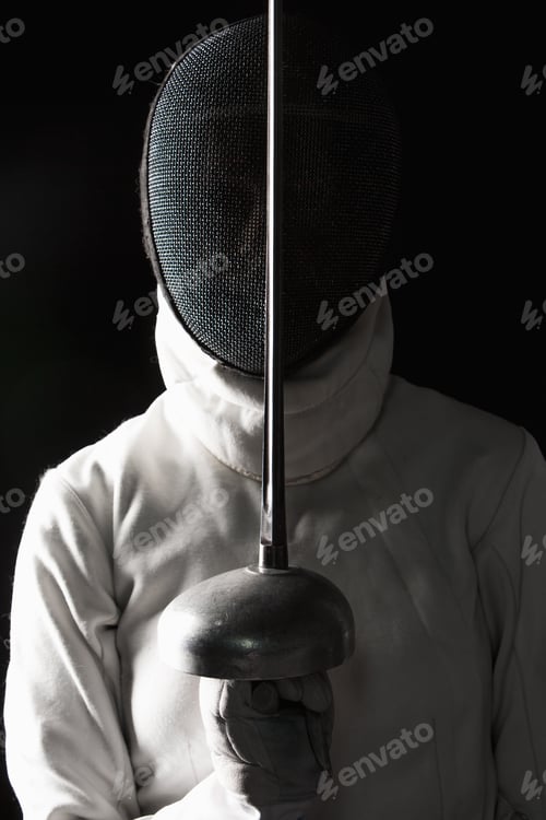 Preview: The portrait of woman wearing white fencing costume on black