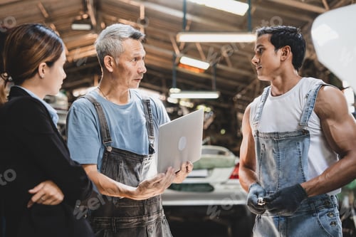 Preview: Vehicle automotive service guy worker doing check or mend car wheel, Asian mechanic