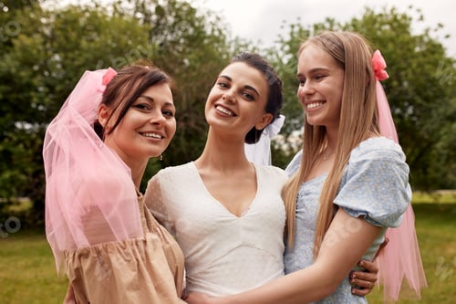 Preview: Happy adorable bride in a white dress with a white veil and two bridesmaids in a blue and beige