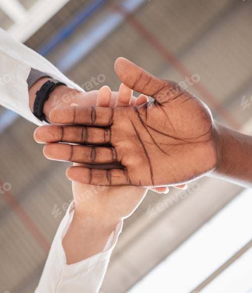 Preview: Hands stack, doctors and circle from below with support, goals and teamwork for healthcare in clini
