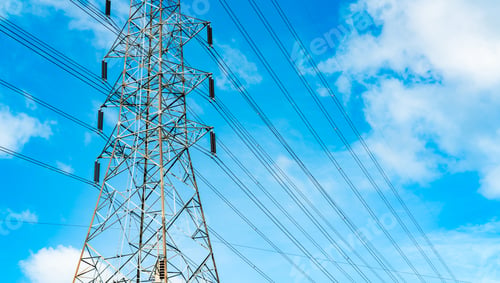 Preview: High voltage electric tower and transmission lines. Electricity pylons with blue sky and white cloud