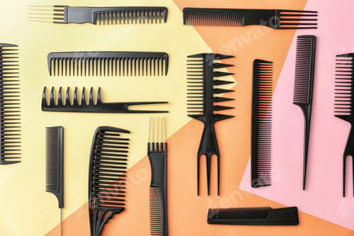 Preview: Flat lay composition with professional hairdresser tools on color background