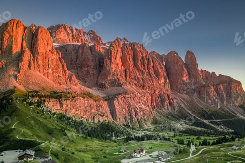 Preview: Passo Gardena in Dolomites at red sunset, Italy
