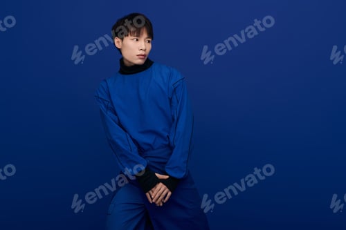 Preview: Young handsome Asian man confidently poses in a vibrant blue background, showcasing modern style