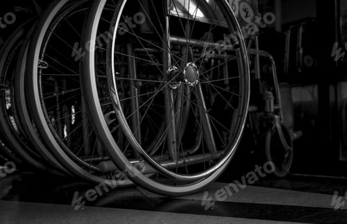 Preview: Closeup wheel of wheelchair folded. Sad news at the hospital. Depression with aging society.