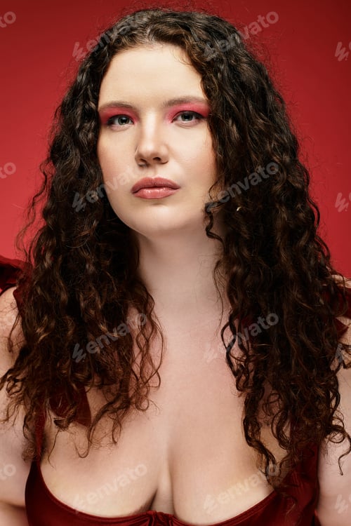 Preview: Stylish young woman in vibrant fashion look striking against bold red backdrop