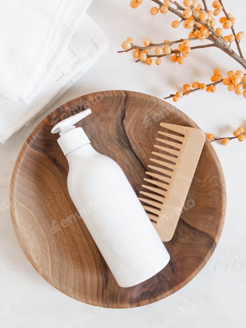 Preview: Wooden Bowl with Comb and Bottle on Countertop