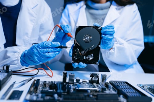 Preview: Hard disk drive on the technician's desk and a computer motherboard as a component. the concept