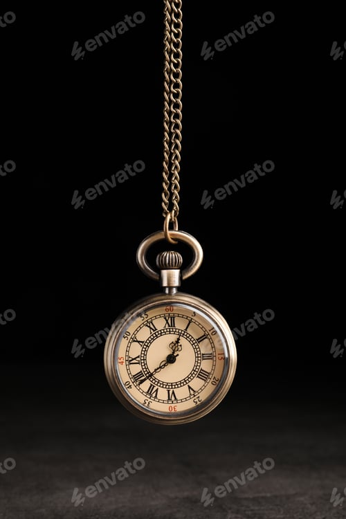 Preview: Stylish pendulum above table on black background. Hypnotherapy session