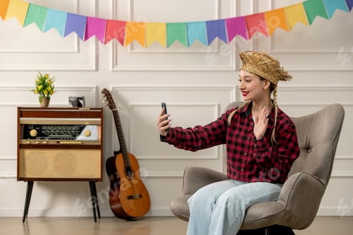 Preview: festa junina cute girl in straw hat brazilian midsummer with retro radio guitar taking selfie