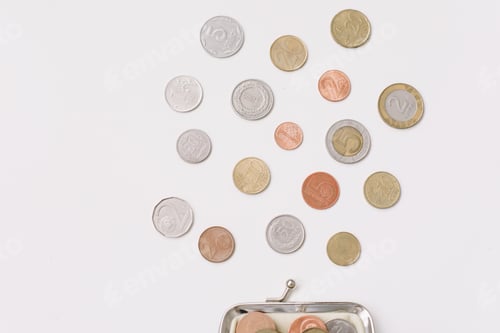 Preview: Open wallet with different coins isolated on white background top view. Financial crisis, poverty