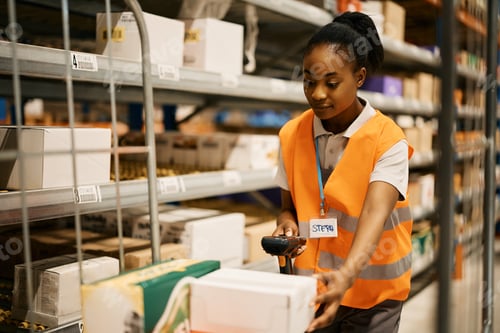 Preview: Black female worker scanning packages at distribution warehouse.