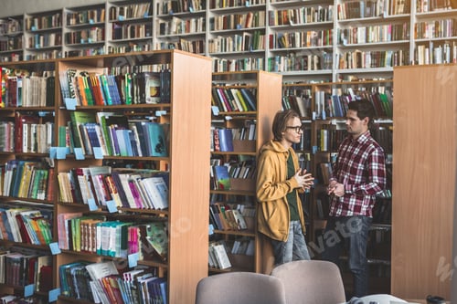 Preview: Side View Serene Man Speaking With Calm Groupmate While Situating In Athenaeum With Different Books