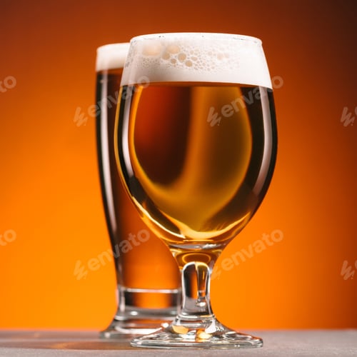 Preview: selective focus of arrangement of glasses of beer with froth on orange backdrop