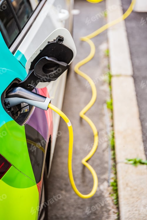 Preview: Modern electric cars EV Car plugged into charging station in city