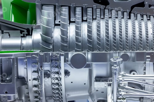 Preview: Gas turbine engine with turbine blades, Industrial gas turbine engine, Steel blades.