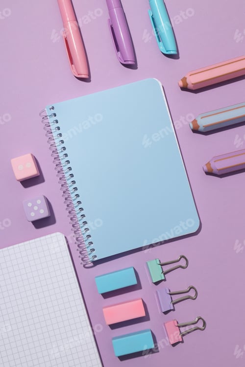 Preview: Two notebooks with stationery on a violet background