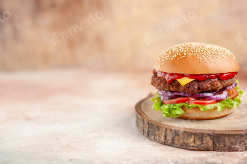 Preview: front view delicious cheeseburger on cutting board light background salad fast-food sandwich dish