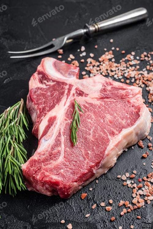 Preview: Raw T bone beef meat steak, porterhouse steak on butcher table with rosemary.