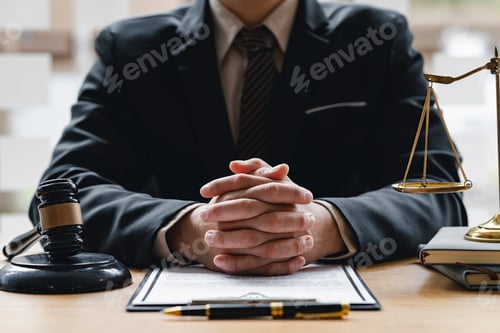 Preview: Attorney or judge sitting at the desk, listen. Businessman, business auditor, teacher, professor sea