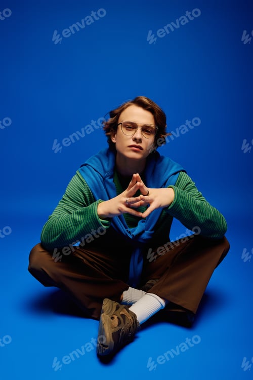 Preview: Modern young man sits stylishly on a vibrant blue background showcasing contemporary fashion trends