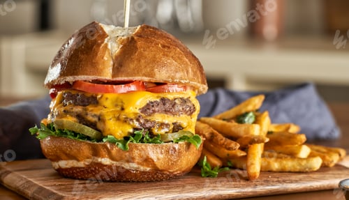 Preview: double cheeseburger with american cheese and fries on pretzel bun
