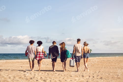 Preview: Young people walking on the beach carrying a cooler box