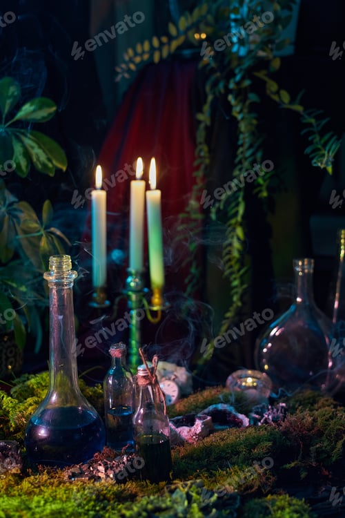 Preview: collection of vibrant potions in glass bottles surrounded by moss and illuminated by candles