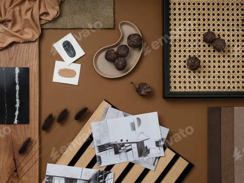 Preview: Creative flat lay composition in beige and brown color palette with textile and paint samples