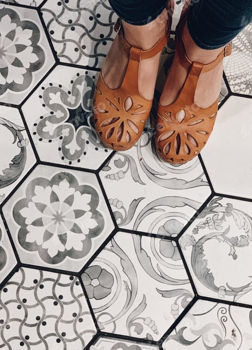 Preview: Cute leather shoes on a black and white Italian ceramic floor
