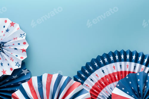 Preview: 4th of July background. USA paper fans, Red, blue, white stars and confetti on blue wall background.