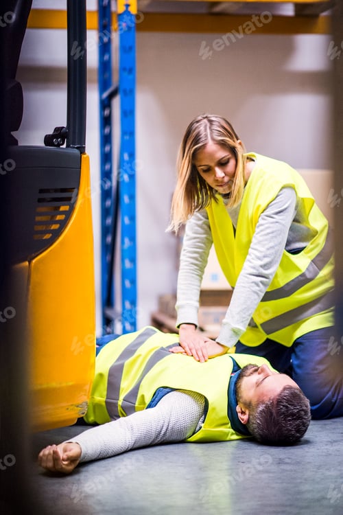 Preview: Warehouse workers after an accident in a warehouse.
