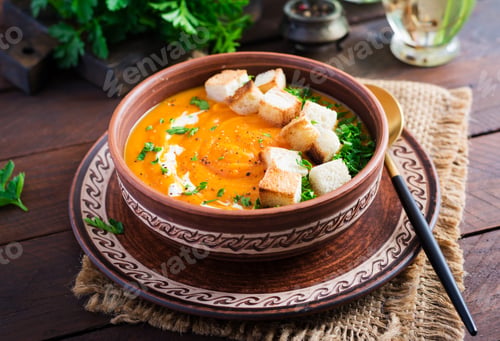 Preview: Pumpkin soup in a bowl served with croutons and parsley. Vegan diet soup. Vegetarian food.