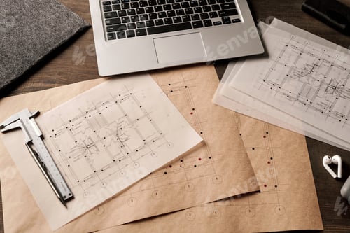 Preview: Laptop, handtool, pen and cordless earphones surrounded by unfolded blueprints