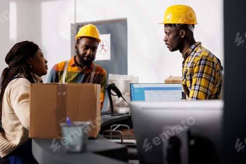 Preview: African american delivery service workers team discussing dispatching management